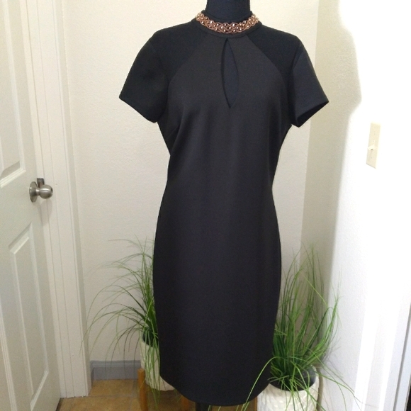 Enfocus Studio Dresses & Skirts - Enfocus Studio Black Midi Short Sleeve Dress with Embellished Neckline- Size 8